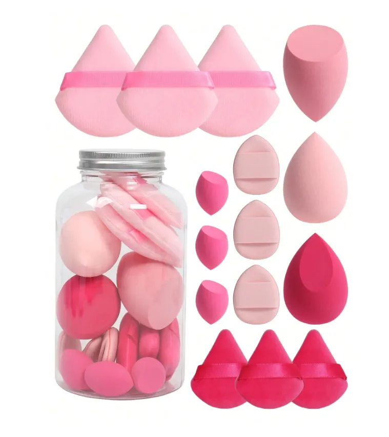 15 pièces Éponges de maquillage avec boîte de rangement (Multicolore Rose)